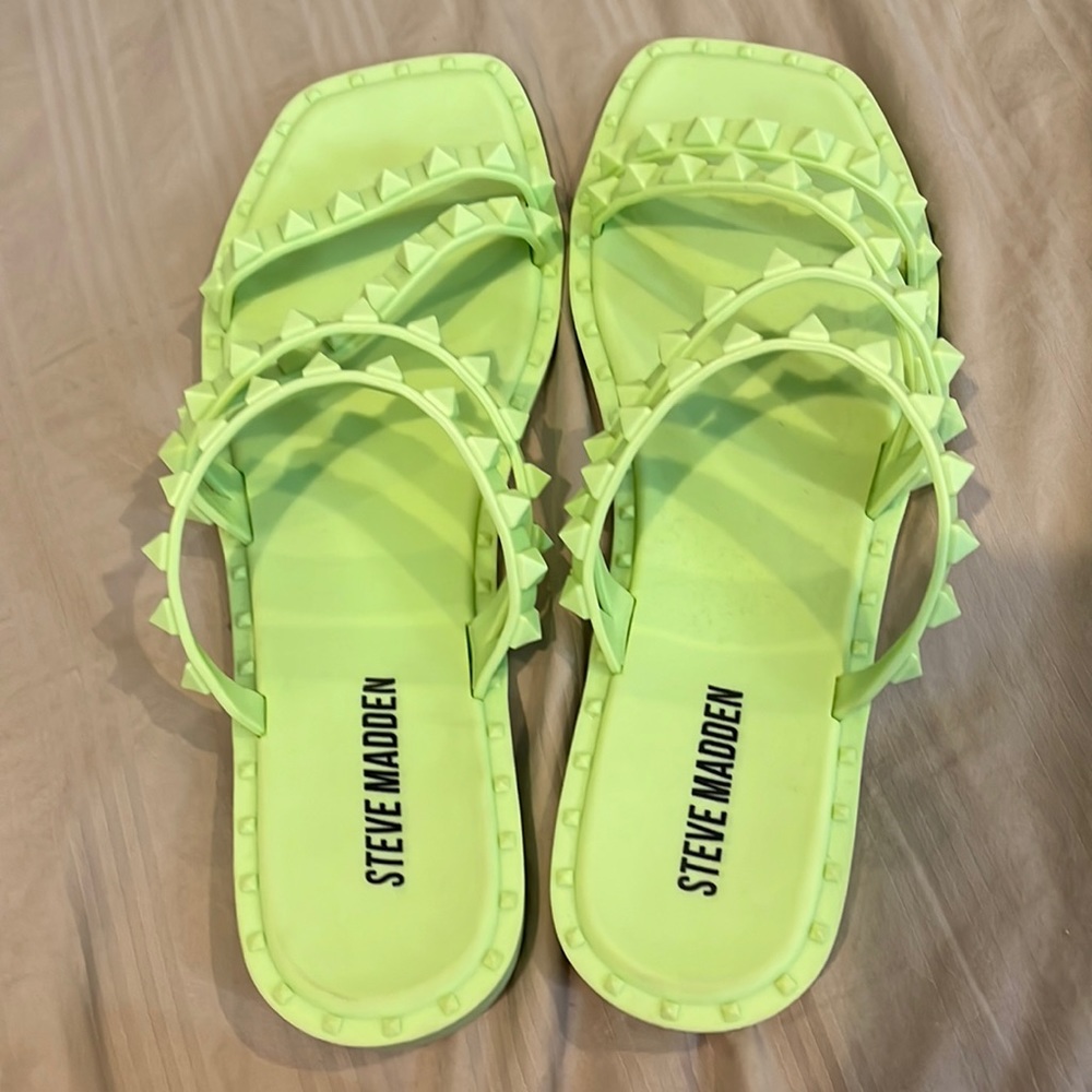Lime, green studded flip-flops from Steve Madden